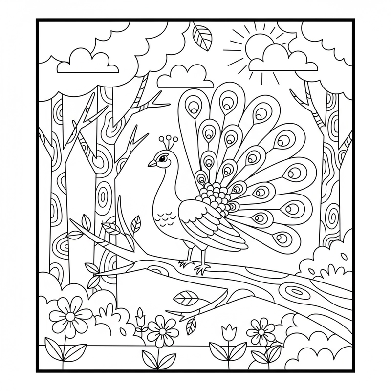 Bé học tô màu con công sinh động