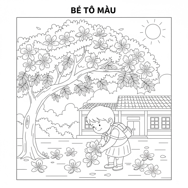 Bé tô màu hoa phượng sân trường