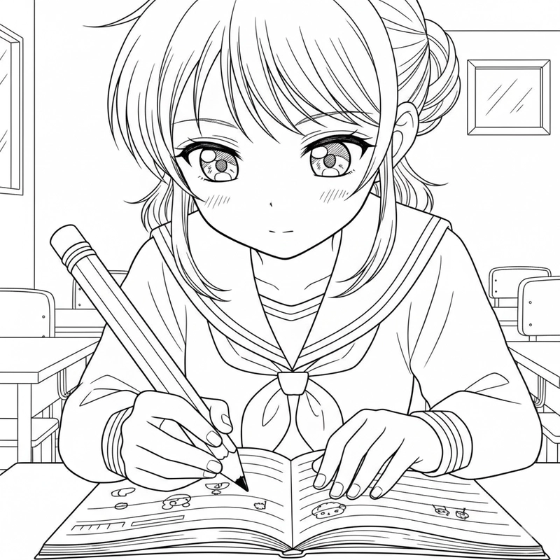 Hình anime học sinh cho bé tô màu