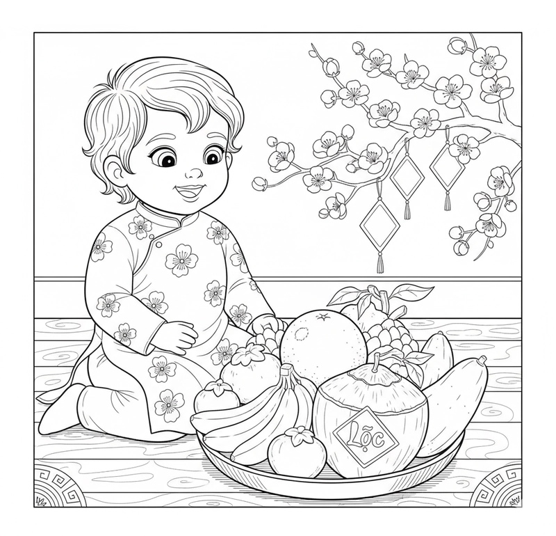 Hình mâm ngũ quả cho bé tô màu