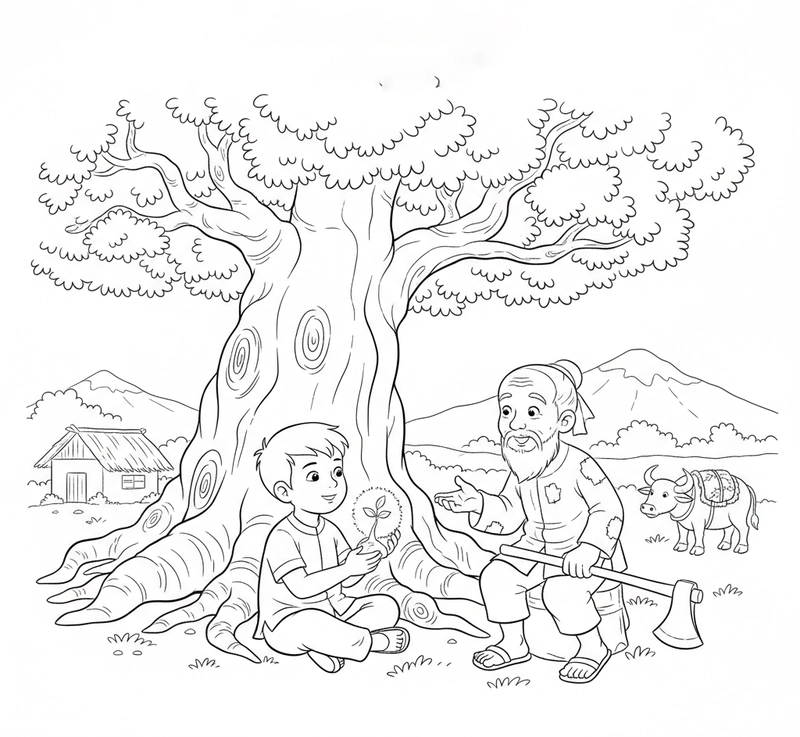 Hình tô màu Chú Cuội ngồi gốc đa