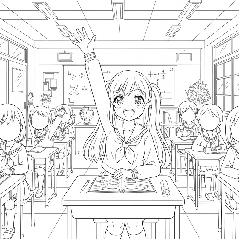 Hình tô màu anime học sinh dễ thương