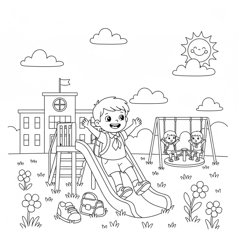 Hình tô màu bé đi học chăm chỉ