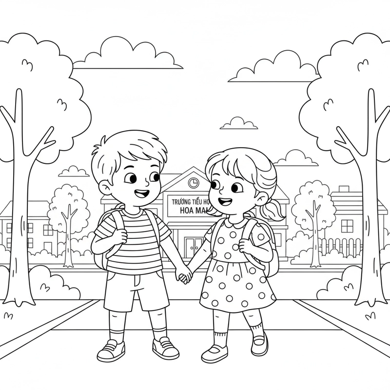 Hình tô màu bé đi học cùng bạn