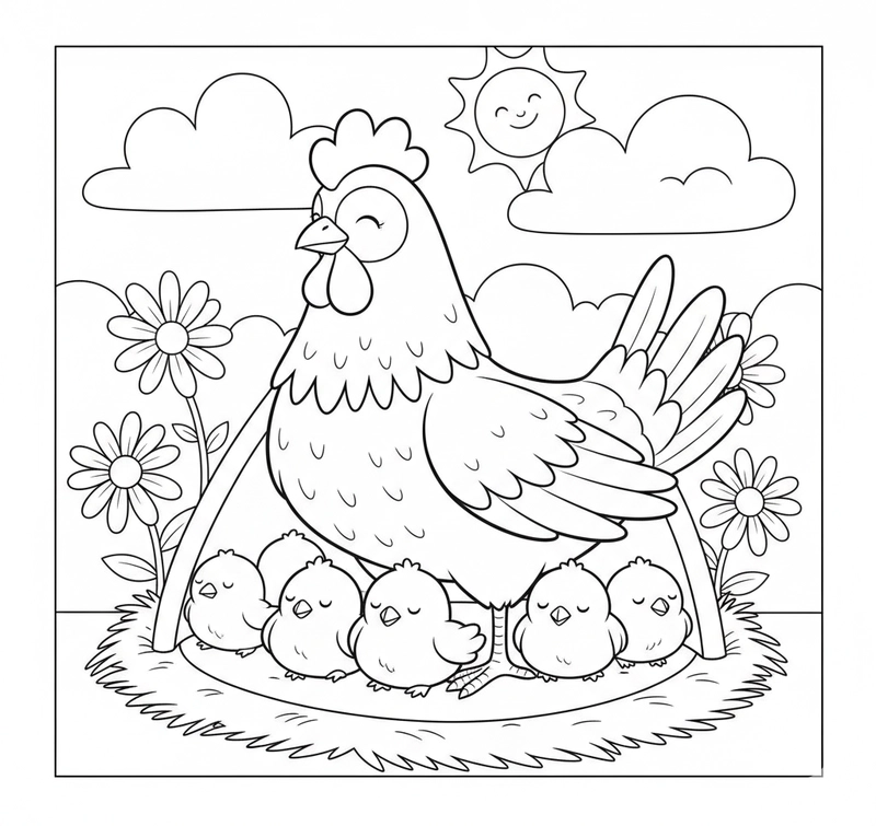 Hình tô màu gà mẹ và gà con