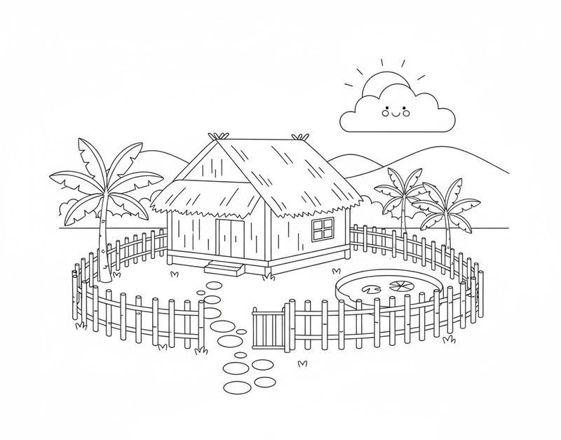 Hình tô màu làng quê dân dã