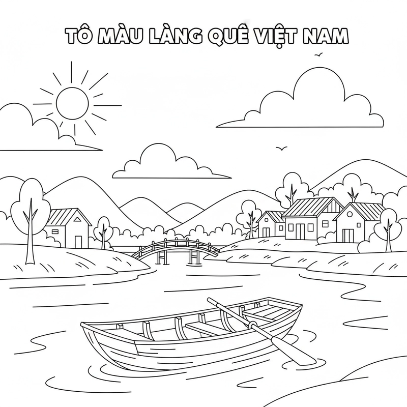 Hình tô màu làng quê đơn giản