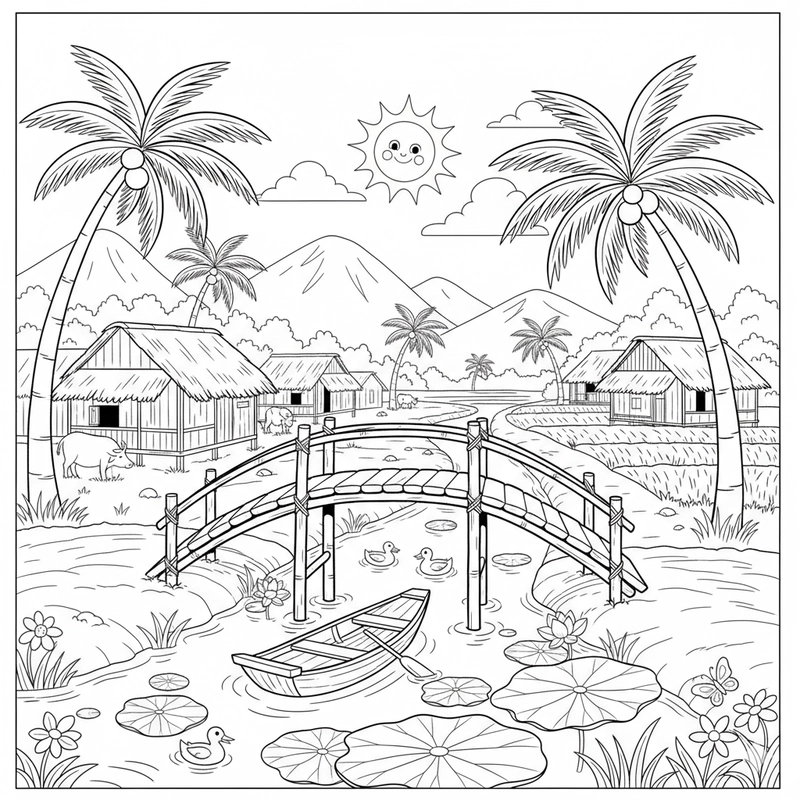 Hình tô màu làng quê thân thuộc