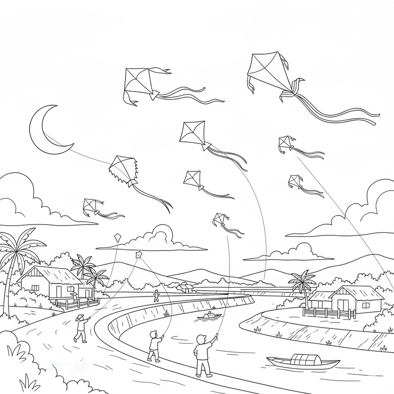 Hình tô màu làng quê thanh bình