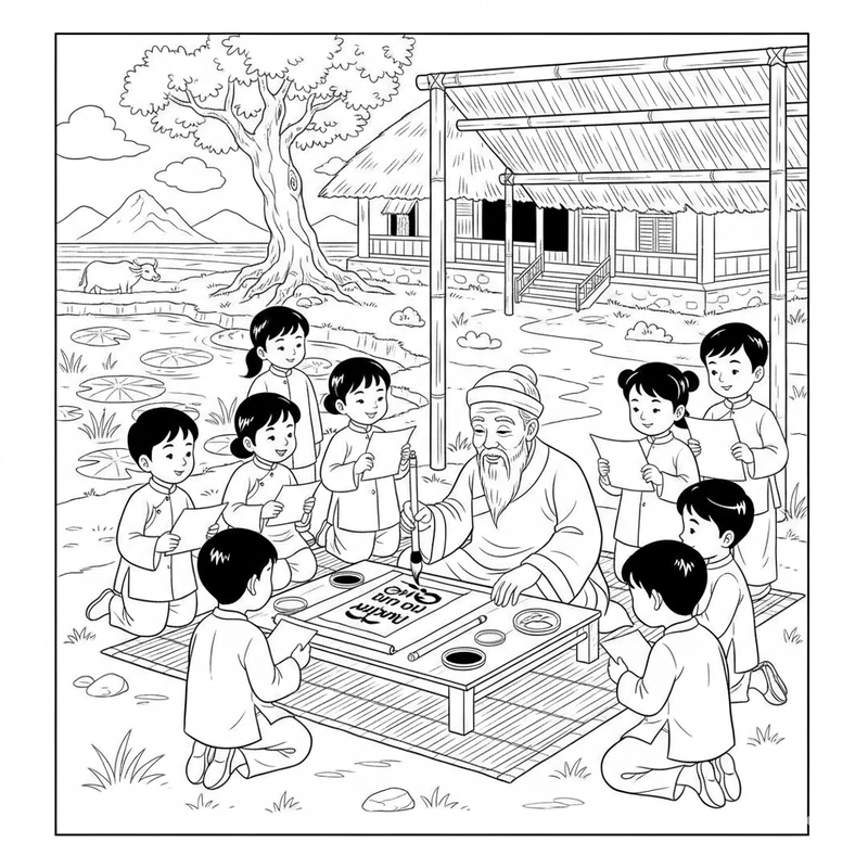 Hình tô màu làng quê yên ả