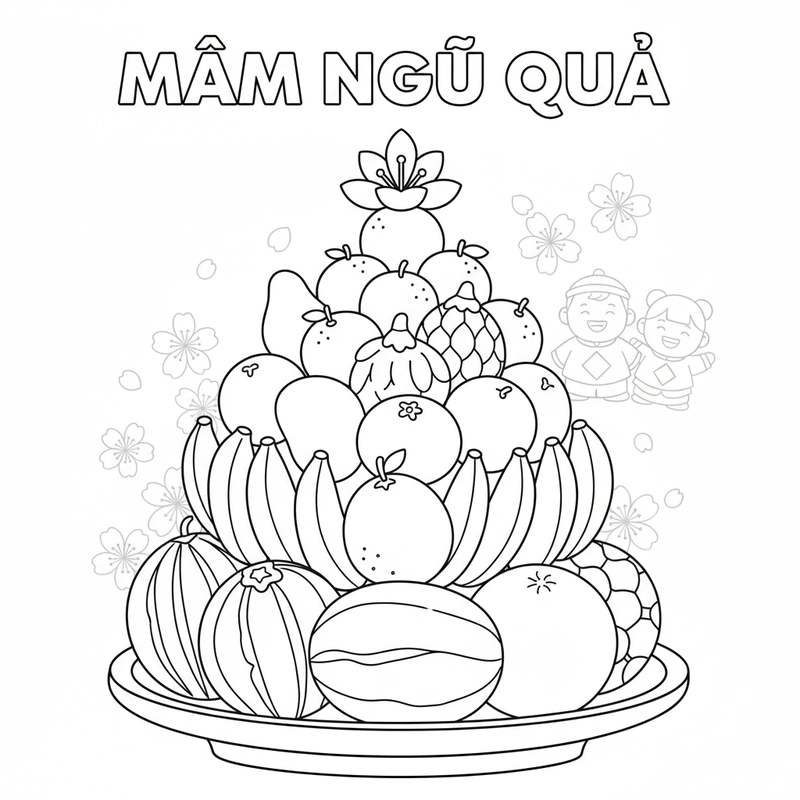 Hình tô màu mâm ngũ quả Tết