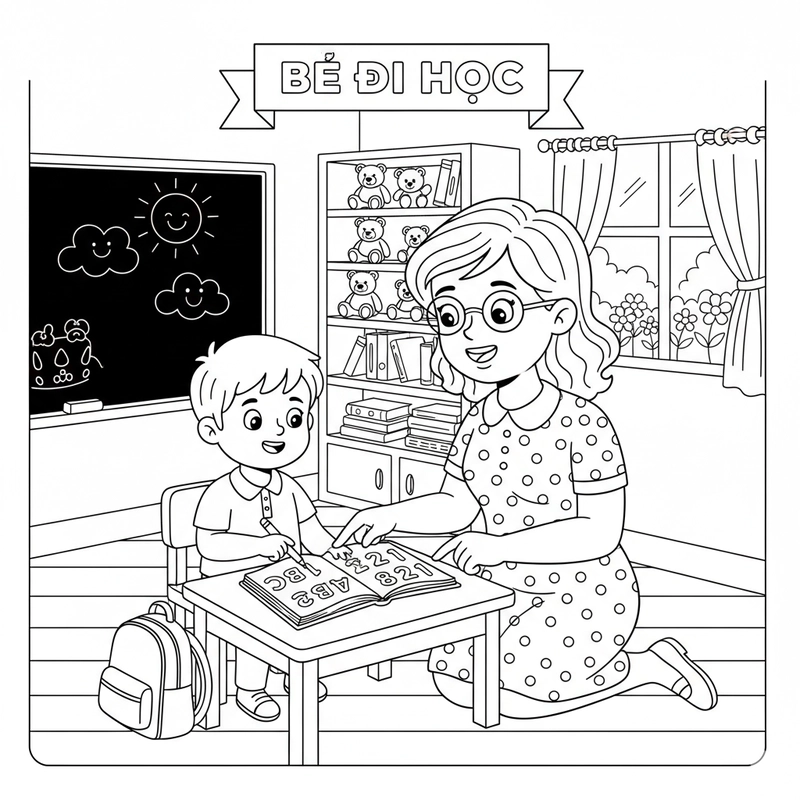 Tô màu bé đi học cùng mẹ