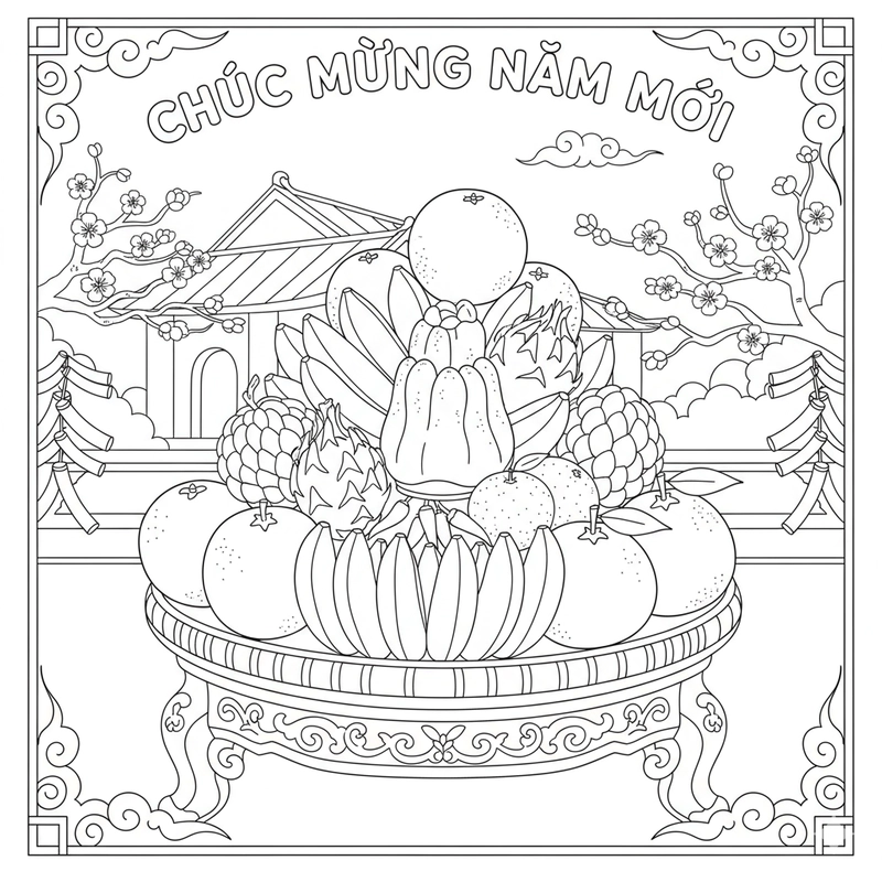 Tranh mâm ngũ quả Tết cổ truyền