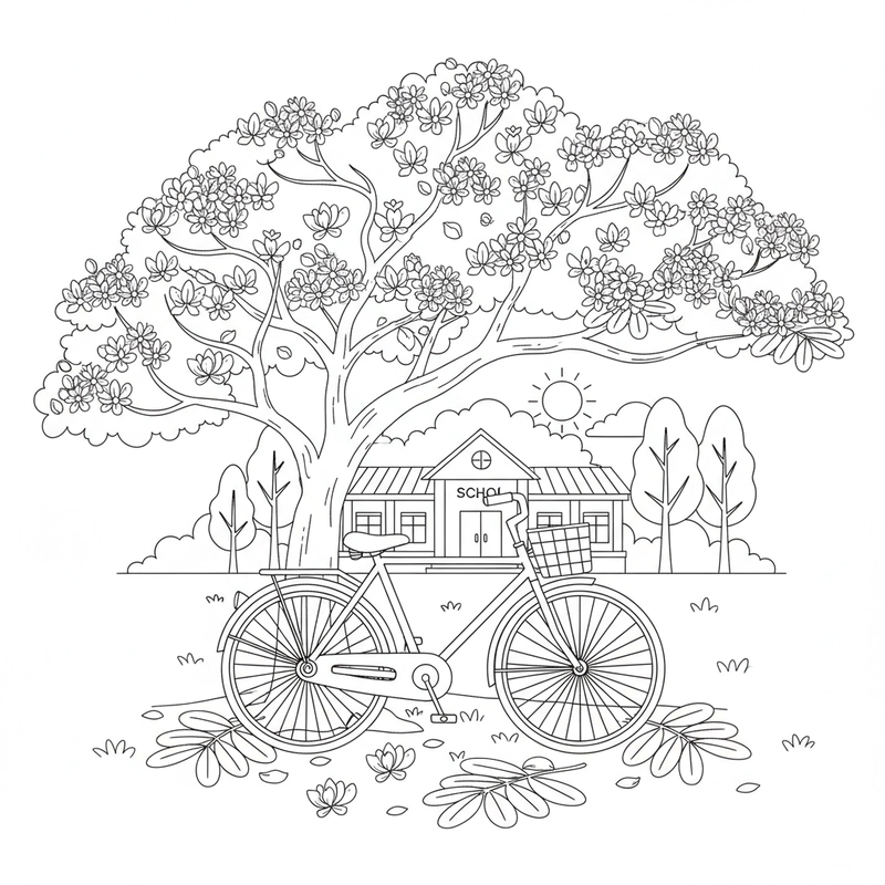 Tranh tô cây hoa phượng trong sân trường