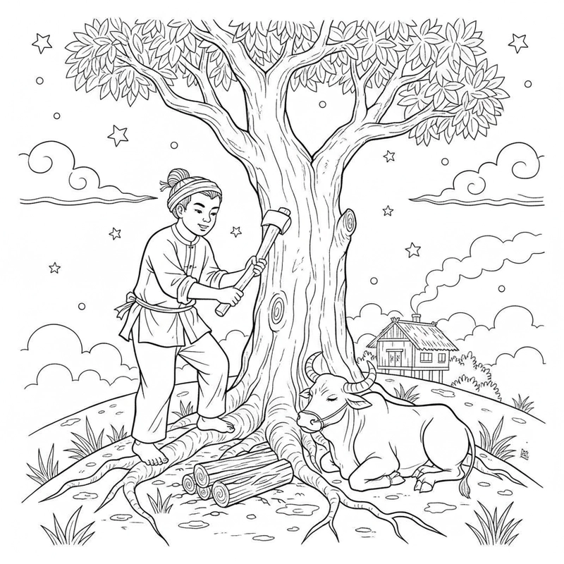 Tranh tô màu Chú Cuội gốc đa sáng tạo