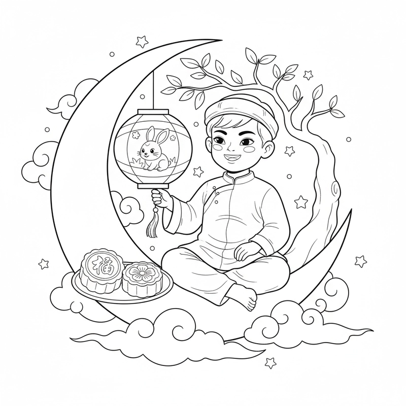 Tranh tô màu Chú Cuội rước đèn
