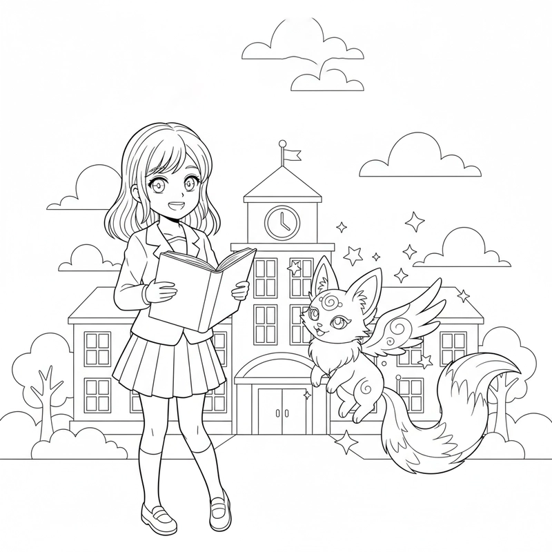 Tranh tô màu anime học sinh trong sân trường