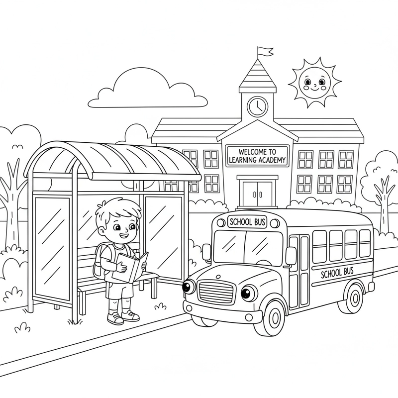 Tranh tô màu bé đi học buổi sáng