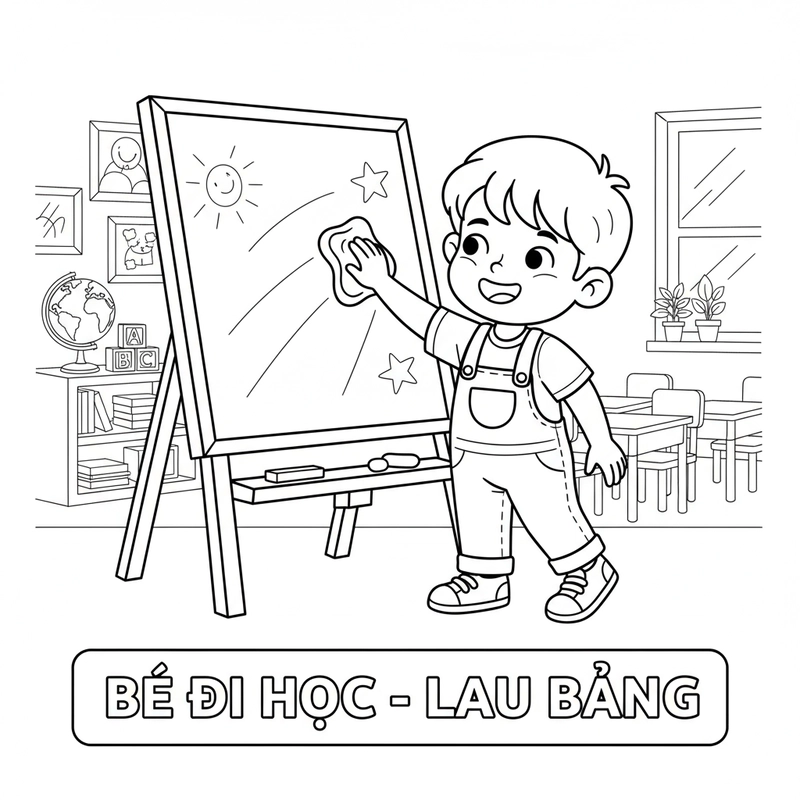 Tranh tô màu bé đi học cười tươi