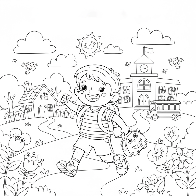 Tranh tô màu bé đi học đáng yêu