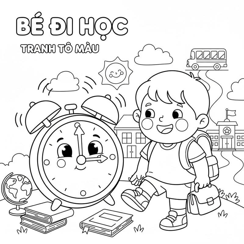 Tranh tô màu bé đi học đúng giờ