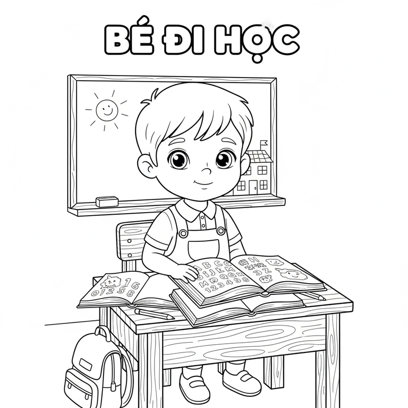 Tranh tô màu bé đi học vui tươi