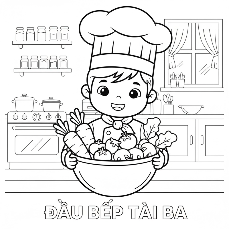 Tranh tô màu bé làm đầu bếp
