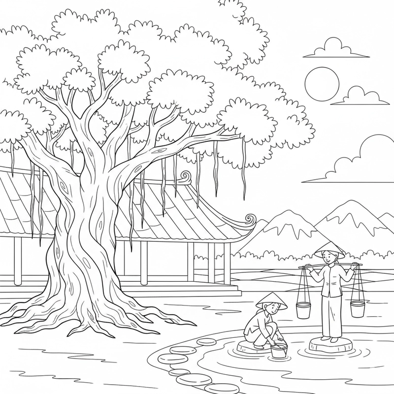 Tranh tô màu cảnh làng quê đẹp