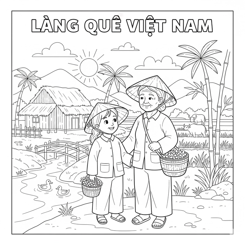 Tranh tô màu cảnh quê Việt Nam