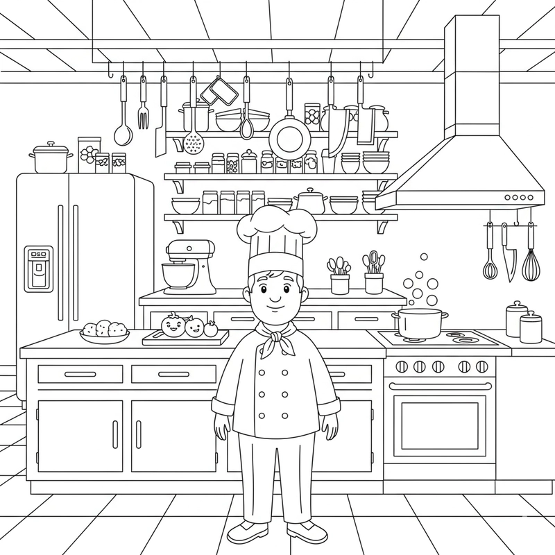 Tranh tô màu đầu bếp tập nấu ăn
