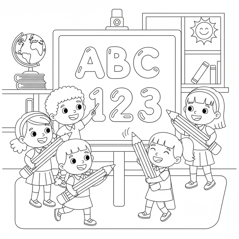 Tranh tô màu em bé đi học đáng yêu