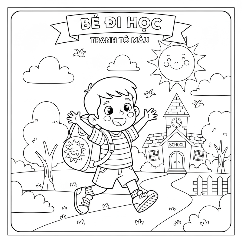 Tranh tô màu em bé đi học hạnh phúc