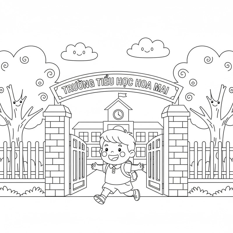 Tranh tô màu em bé đi học vui vẻ