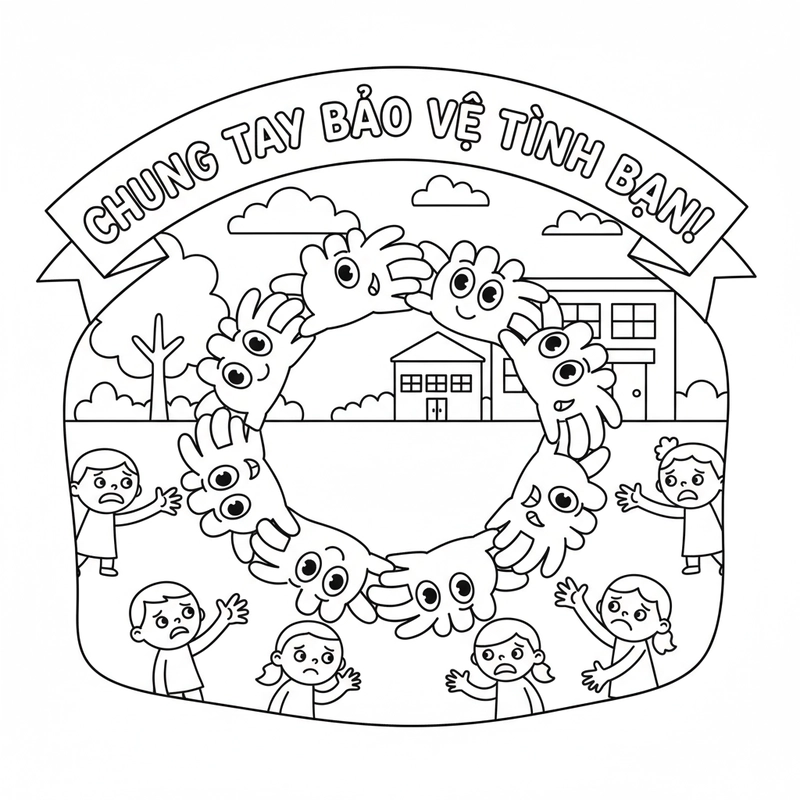 Tranh tô màu học sinh vui vẻ hòa thuận