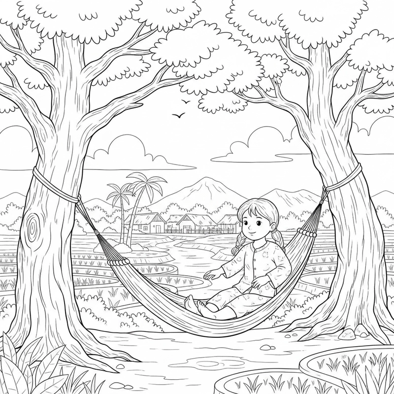 Tranh tô màu làng quê Việt Nam