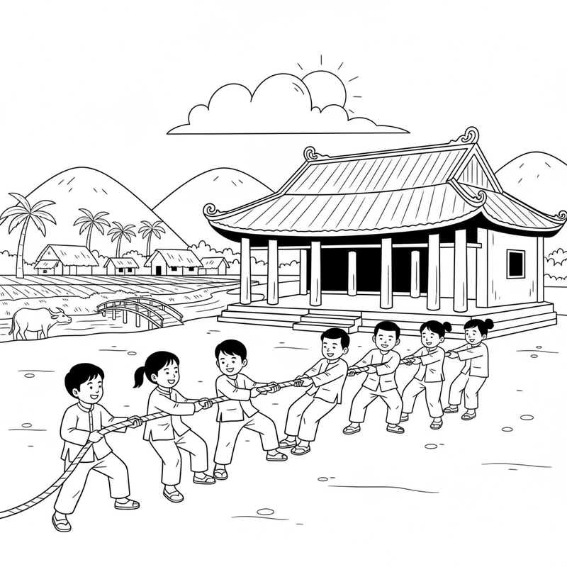 Tranh tô màu làng quê tuổi thơ