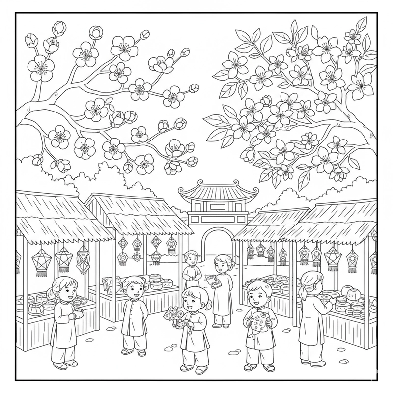 Tranh tô màu lễ hội rộn ràng sắc xuân