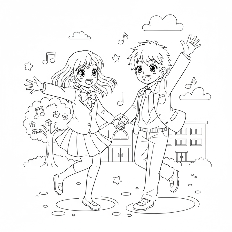 Tranh tô màu nhóm bạn anime học sinh