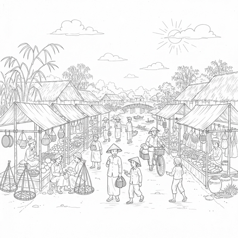 Tranh tô màu phong cảnh quê Việt