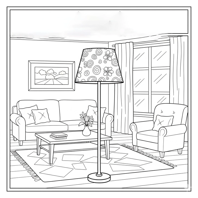 Tranh tô màu phòng khách ấm cúng