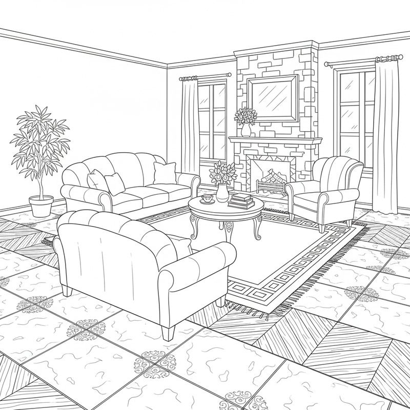 Tranh tô màu phòng khách hiện đại