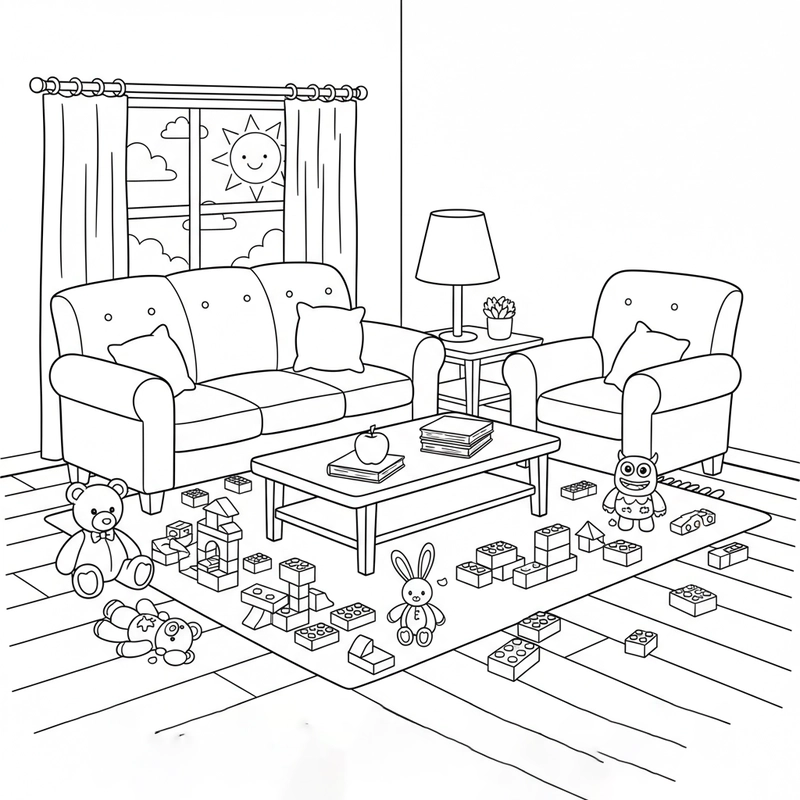 Tranh tô màu phòng khách ngộ nghĩnh