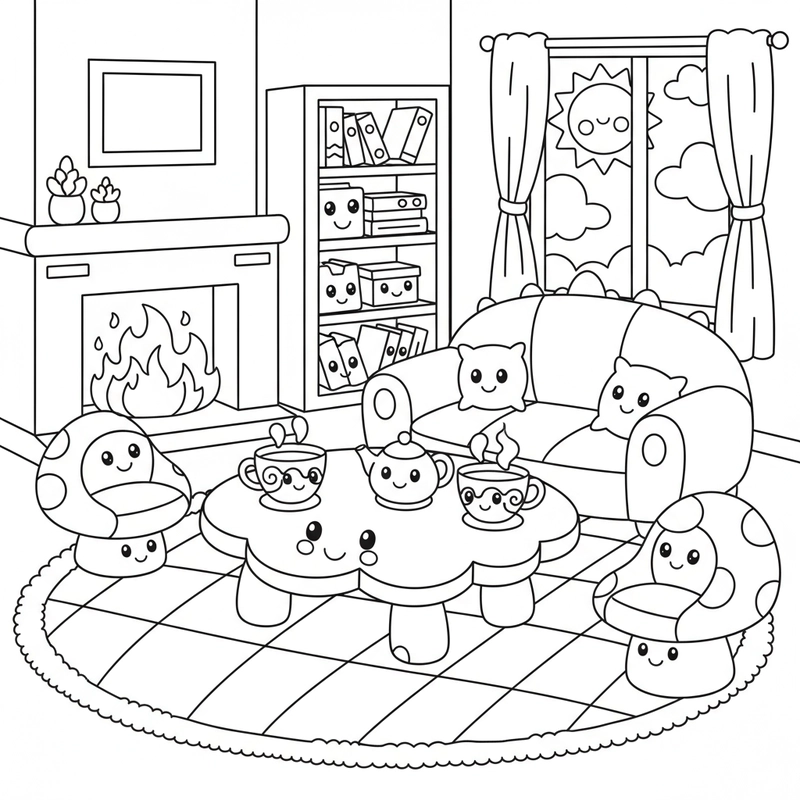 Tranh tô màu phòng khách nhiều đồ vật