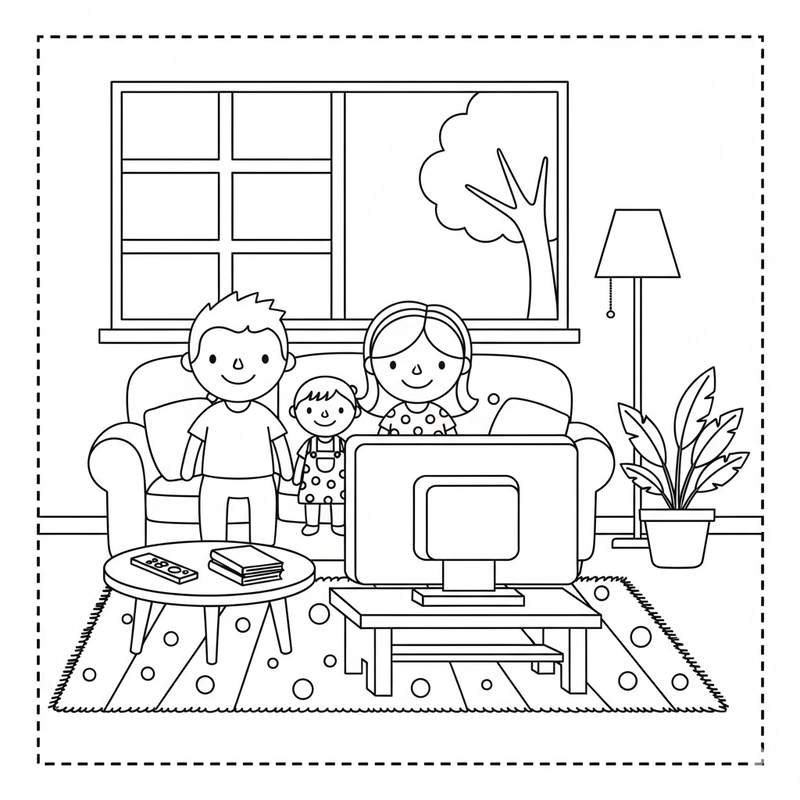 Tranh tô màu phòng khách và gia đình