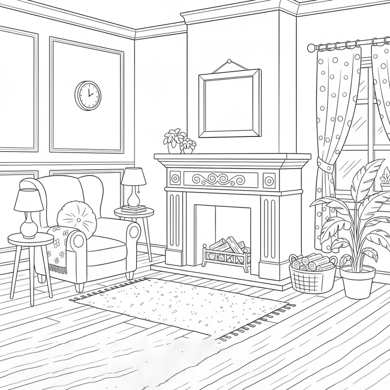 Tranh tô màu phòng khách vui tươi