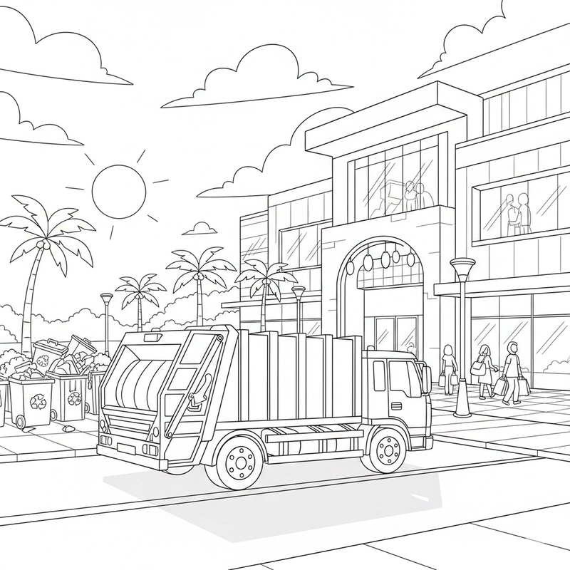 Bản vẽ tô màu xe chở rác đường nét sắc nét