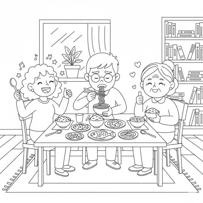 Bé tập tô màu bữa cơm gia đình hạnh phúc