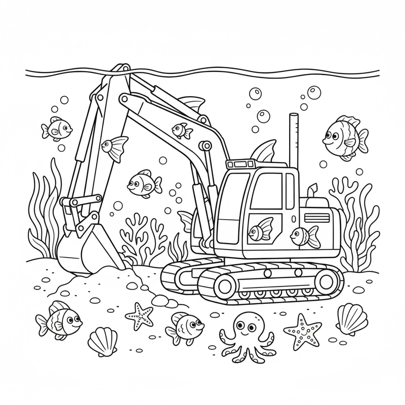 Bé tập tô máy xúc công trình