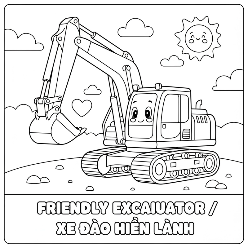 Bé tập tô máy xúc dễ thương