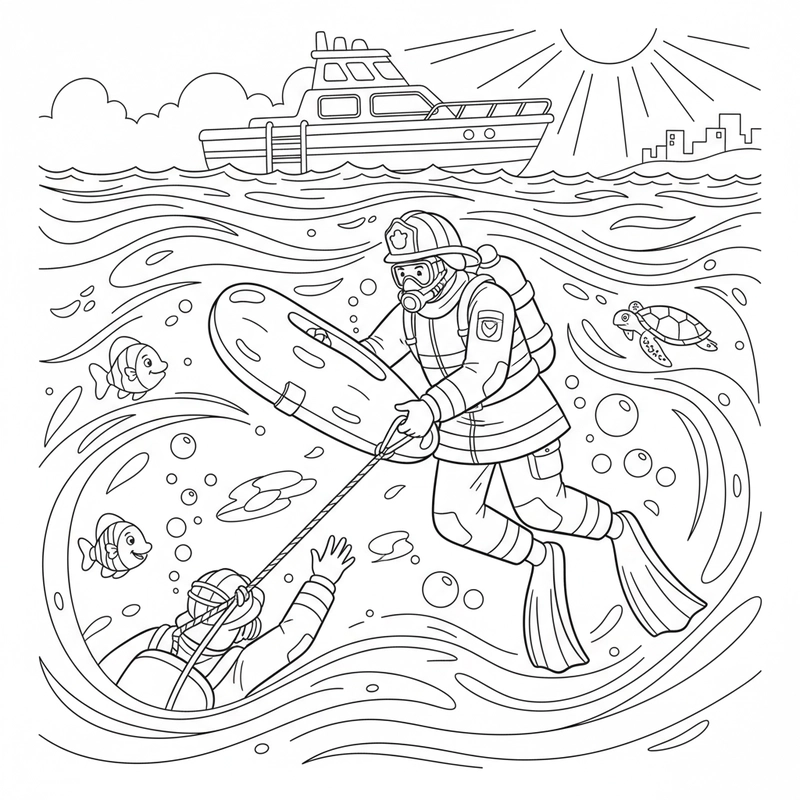 Bé tô tranh lính cứu hỏa thực hành cứu hộ dưới nước